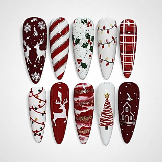 Red and White Christmas Press On Nails with Reindeer and Tree Art