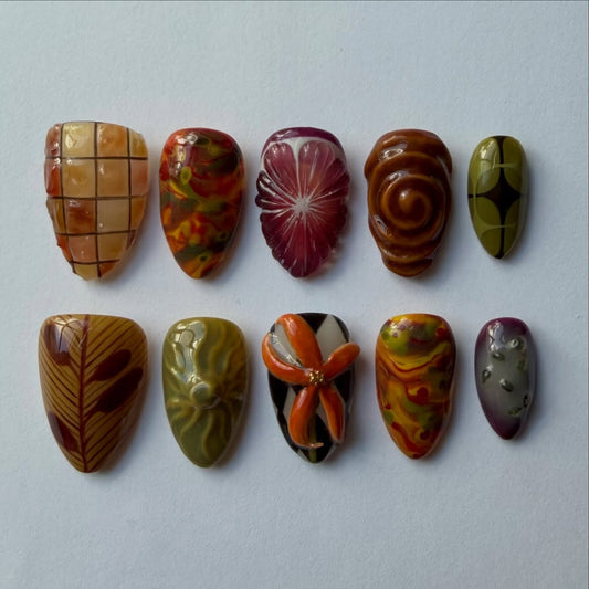Retro Abstract Floral Handmade Artistic Press On Nail Set