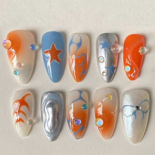 Retro Fire Star Flame Chrome Press On Nails Set