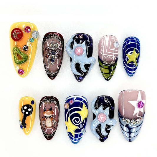 Retro Futuristic Star Art Press On Nails