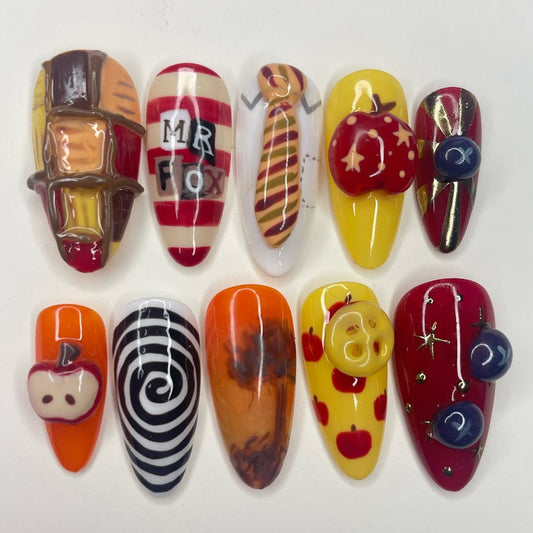 Retro Pop Art Press-On Nails with Mr. Fox Inspired 3D Details