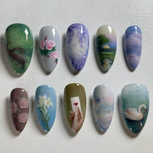 Romantic Cottagecore Press-On Nails with Swan and Flowers