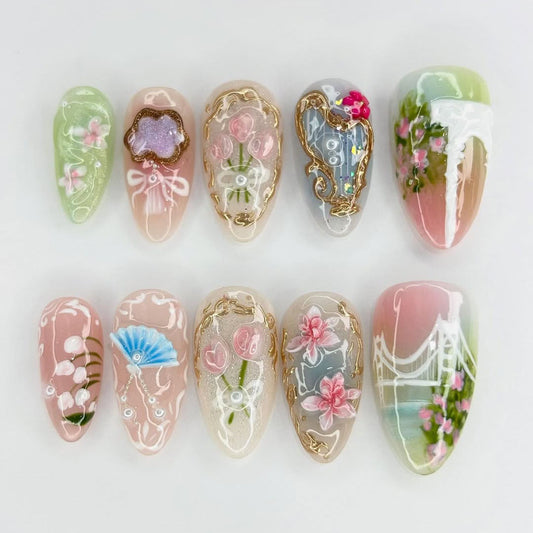 Romantic Garden Press-On Nails with Cherry Blossoms, Tulips, and Bridge Art
