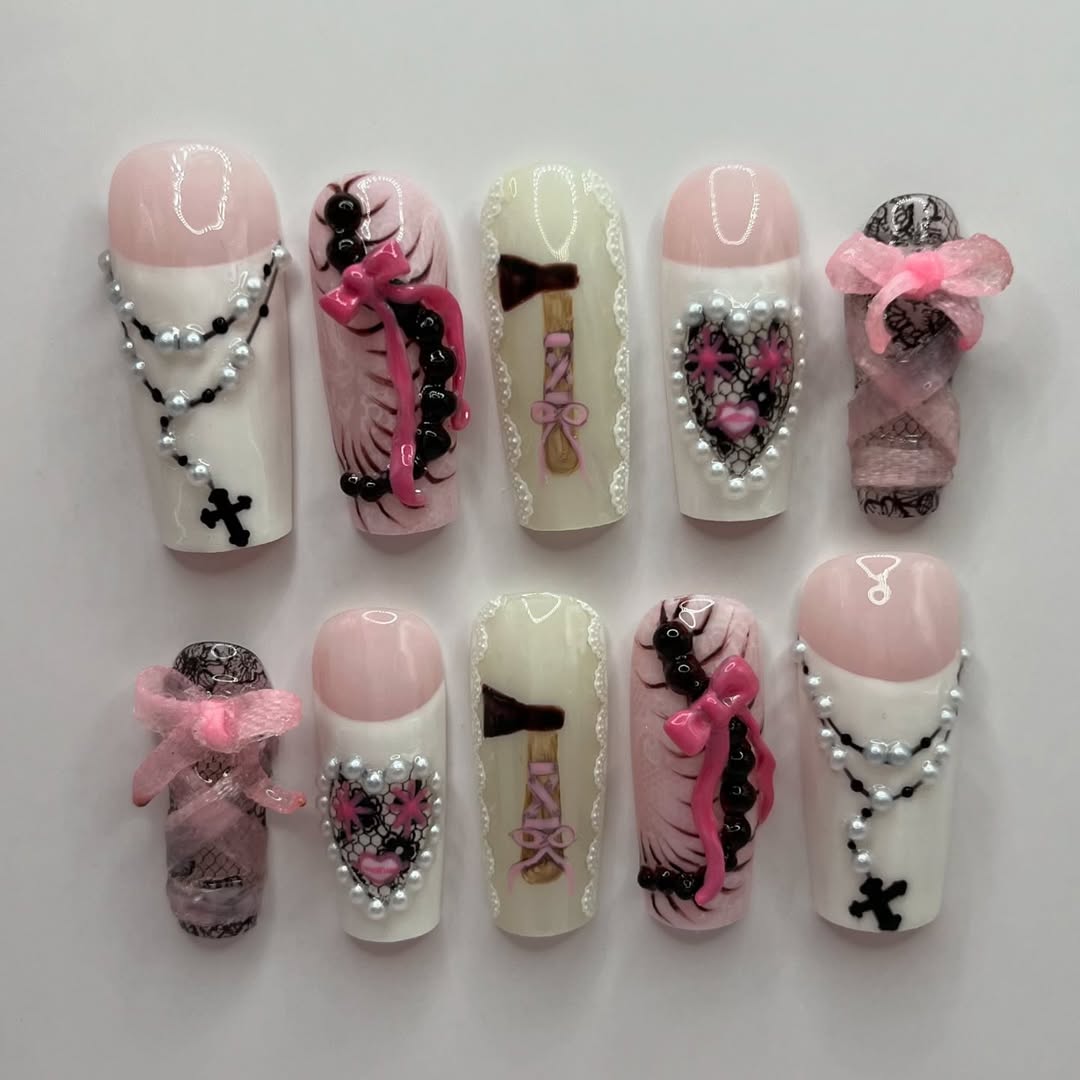 Romantic Gothic Lolita Pink Bow Pearl Heart Lace Nails