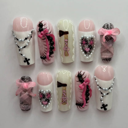 Romantic Gothic Lolita Pink Bow Pearl Heart Lace Nails