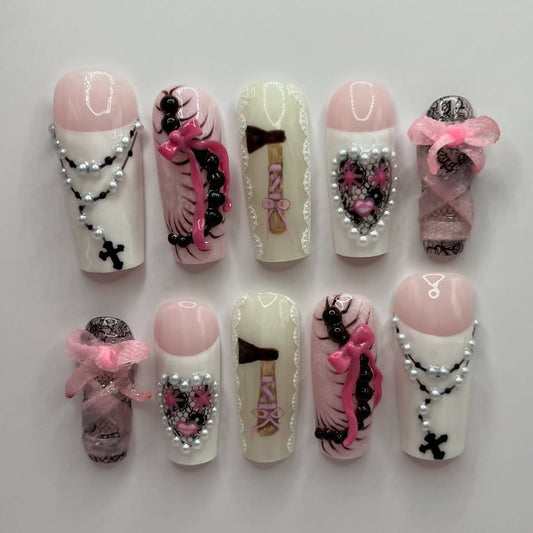 Romantic Gothic Lolita Pink Bow Pearl Heart Lace Nails