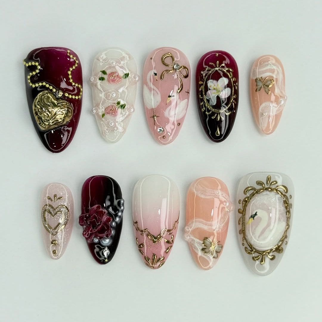 Romantic Swan and Rose Press On Nails with Gold Frame and 3D Bow Details