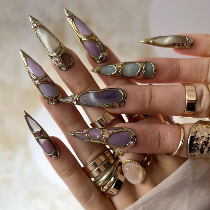 Royal Gemstone Crown Press On Nails - Gold Frame Pastel Jewel Press Nails
