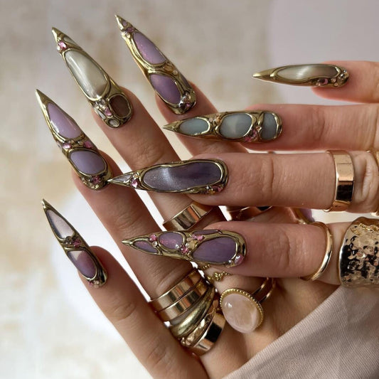 Royal Gemstone Crown Press On Nails - Gold Frame Pastel Jewel Press Nails