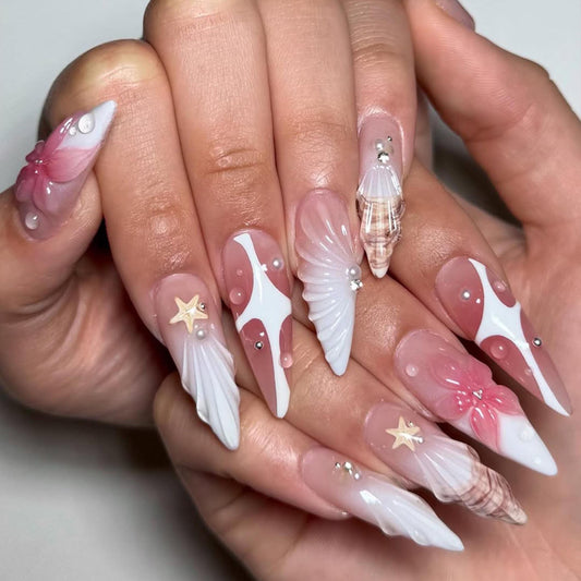 Seashell Starfish Press On Nails Coastal 3D Mermaid Nails
