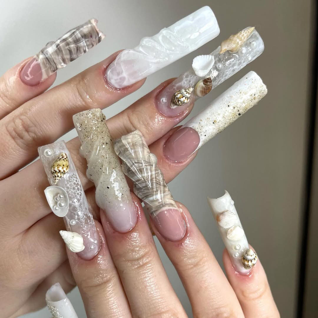Seashell and Pearl Press On Nails with 3D Detailing