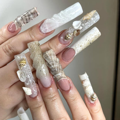 Seashell and Pearl Press On Nails with 3D Detailing
