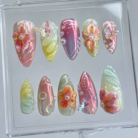 Secret Garden Press On Nails Long Almond Pastel Floral Fantasy