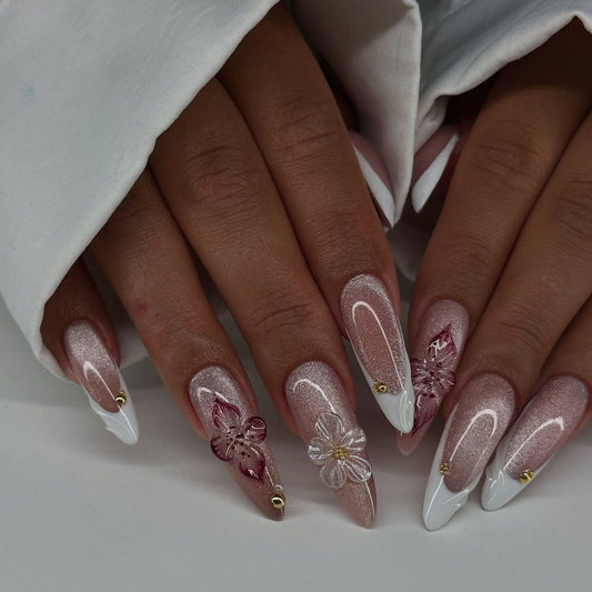 Shimmer Pink Glitter Press-On Nails with White French Tips and 3D Flowers