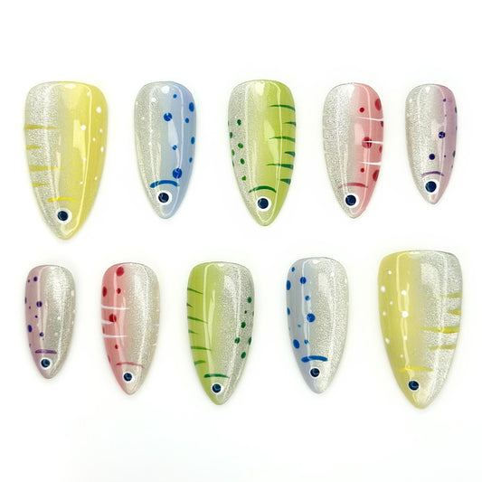 Shimmering Tropical Fish Press On Nails -Colorful Abstract Silver Press On Nails