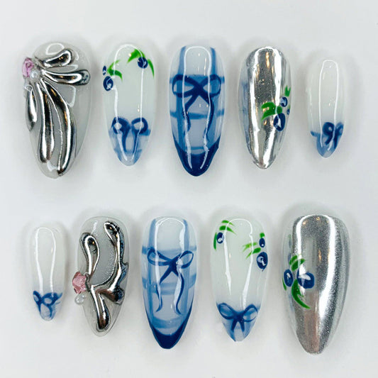 Silver Blue Ribbon Press On Nail Set
