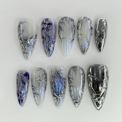 Silver Chrome Galaxy Effect Gothic Press On Nails Set