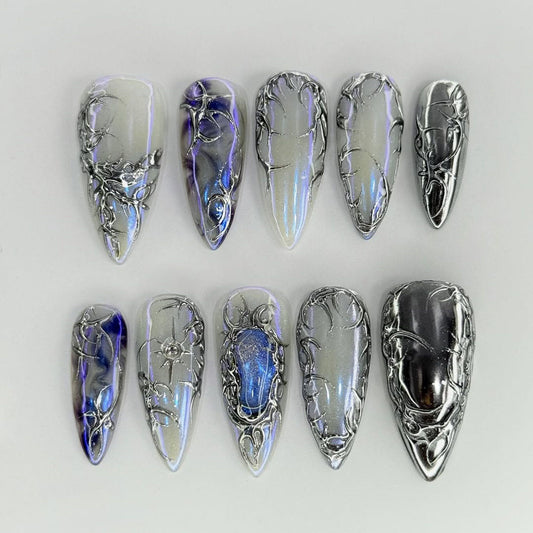 Silver Chrome Galaxy Effect Gothic Press On Nails Set