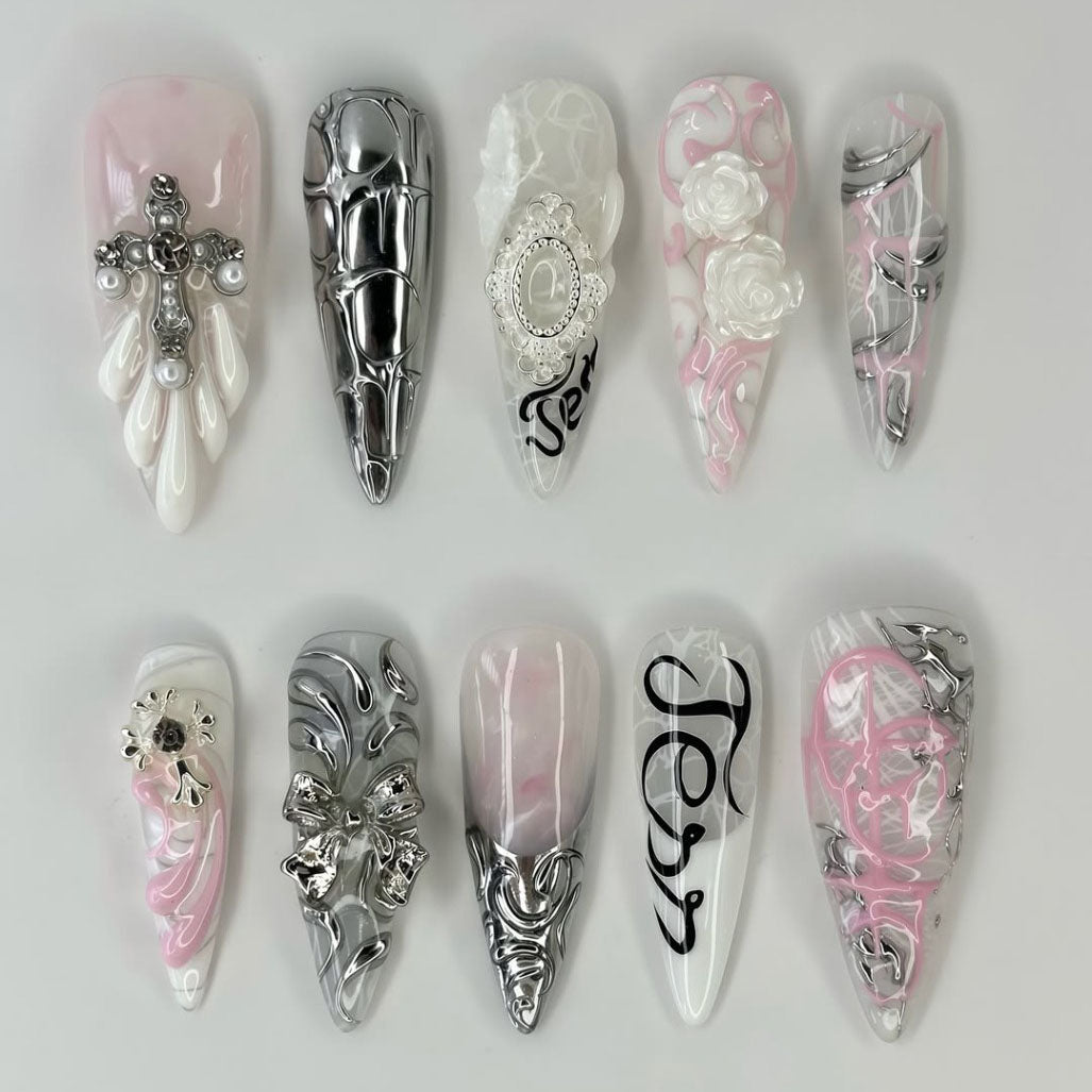 Silver Gothic Romance Nails with Cross, Cameo Frame, and 3D Rose Accents