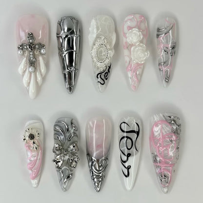 Silver Gothic Romance Nails with Cross, Cameo Frame, and 3D Rose Accents