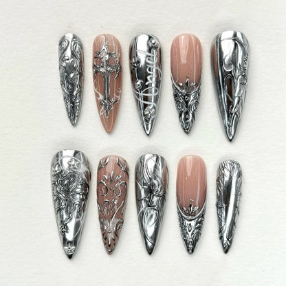 Silver Gothic Stiletto Press On Nails Floral Design