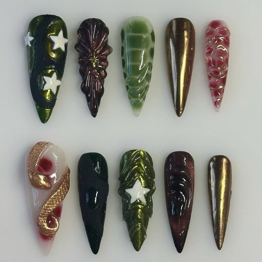 Snake-Inspired Press-On Nails with 3D Serpent and Gothic Fantasy Art