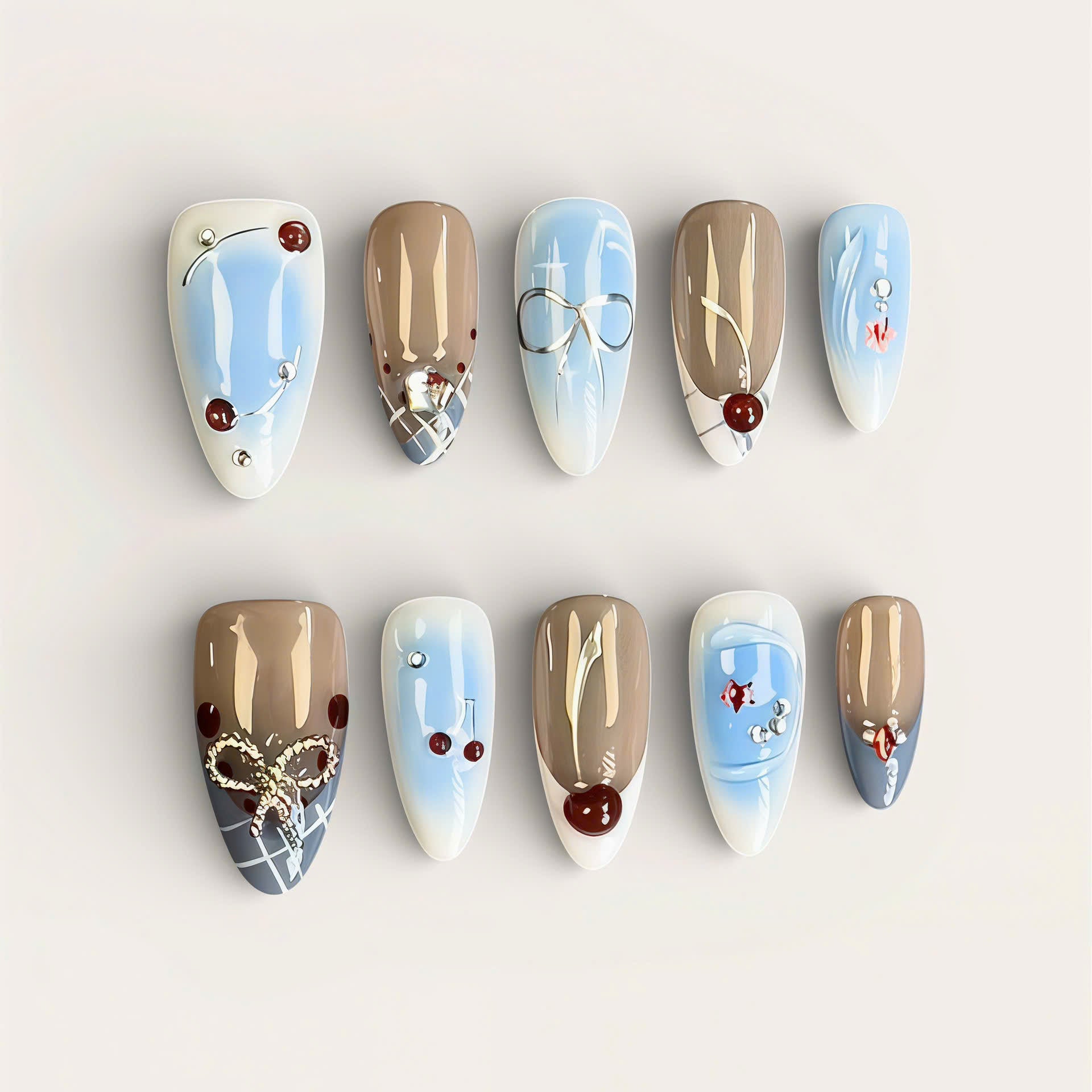 Soft Blue Beige Cherry Press On Nails Handmade Art Set