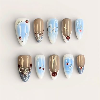 Soft Blue Beige Cherry Press On Nails Handmade Art Set