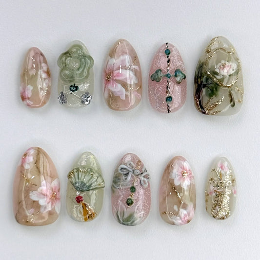 Soft Floral Press On Nails Nude Pink Handmade Art Set