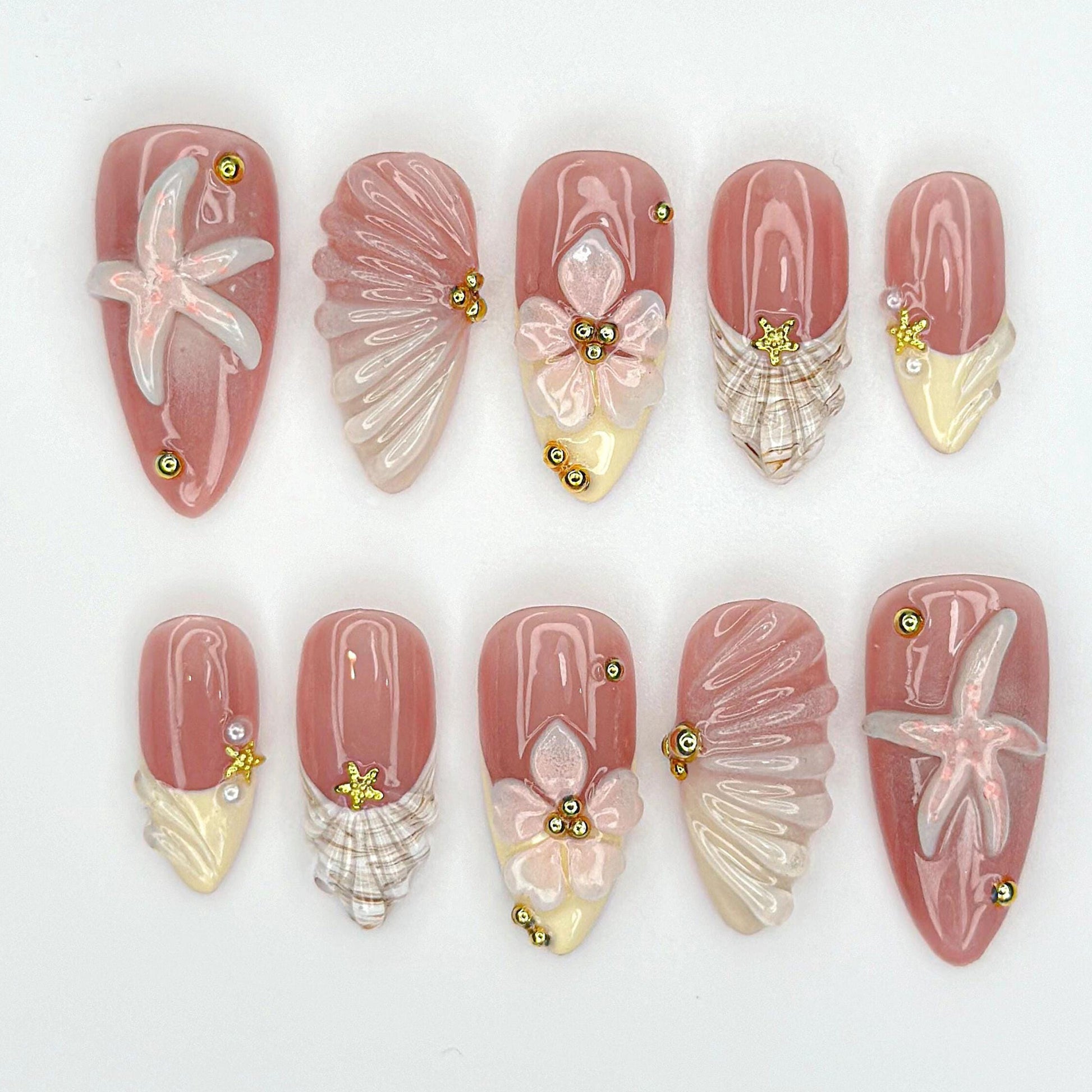 Soft Nude Seashell 3D Press On Nails - Beach Shell Starfish Press Nails