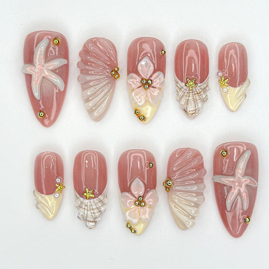 Soft Nude Seashell 3D Press On Nails - Beach Shell Starfish Press Nails
