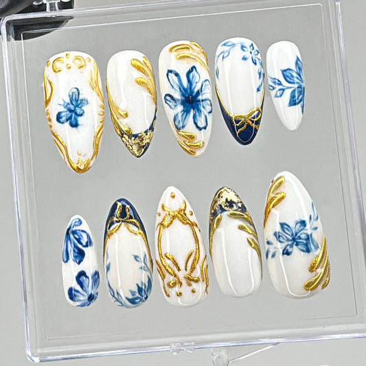 Sophisticated Blue Floral Press On Nails