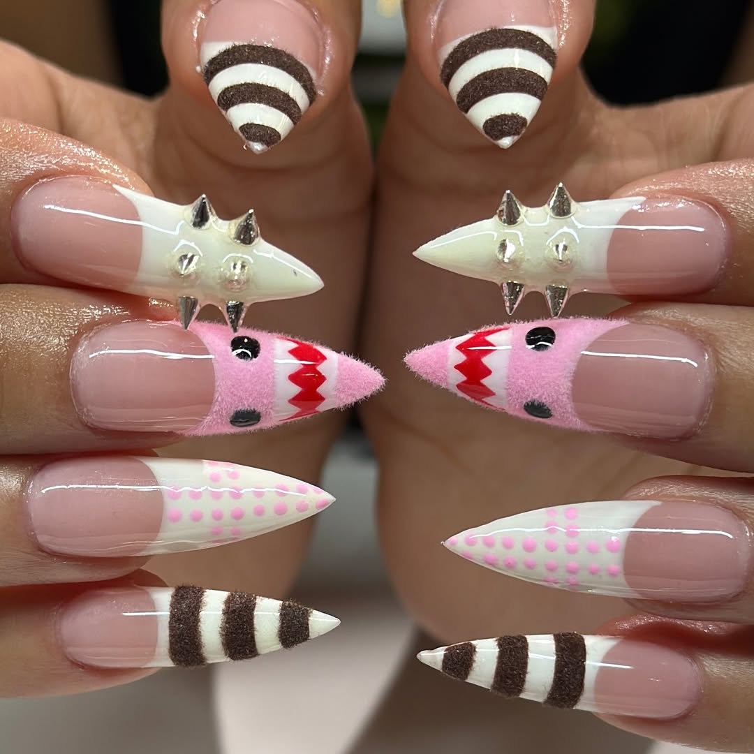 Spiked Pink Shark & Candy Stripe Press On Nails with 3D Textures