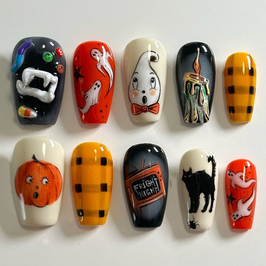 Spooky Halloween Ghost Pumpkin Cat Press On Nails