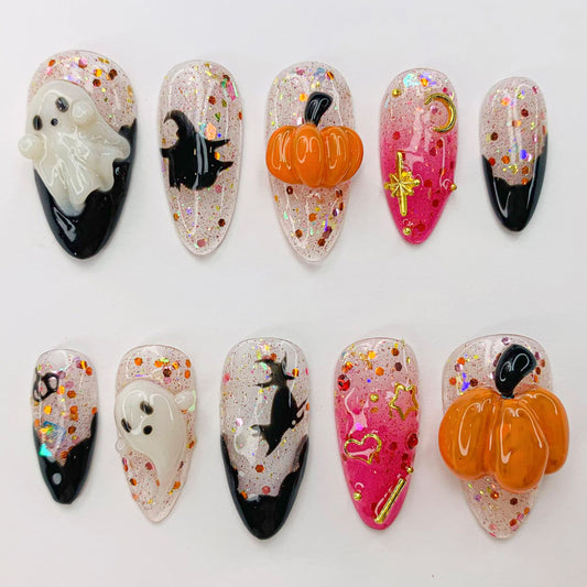 Spooky Halloween Ghost Pumpkin Press On Nails