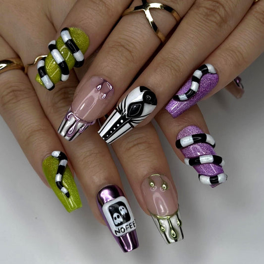 Spooky Stripes Press On Nails  - Spooky Neon Gothic Press On Nails