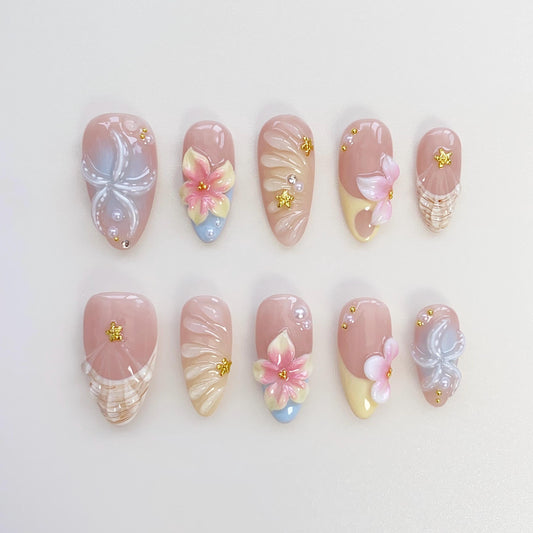 Starfish Bloom Elegance Press-On Nails with Ocean Charm.