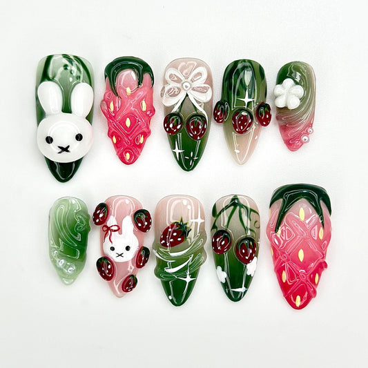 Strawberry Bunny Garden Press On Nail Set
