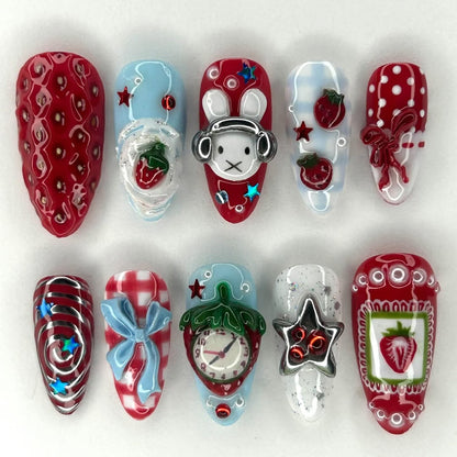 Strawberry Bunny Press On Nails Cute Dessert Art Long Set