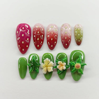 Strawberry Garden Press On Nails Green Floral 3D Art Set