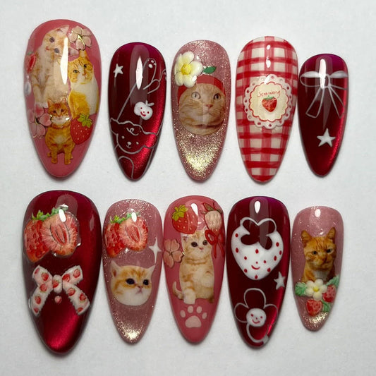 Strawberry Kitten Party Press On Nails with Cute Retro Accents