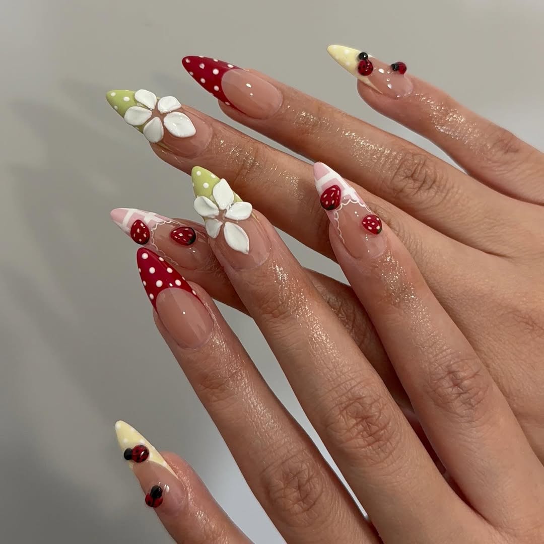 Strawberry Ladybug Floral Stiletto Press On Nails Set