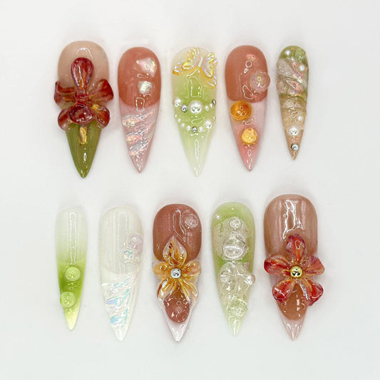 Stunning 3D Floral Acrylic Nails - Elegant Design Set