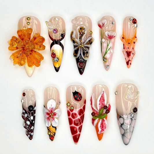 Stunning 3D Floral Acrylic Nails Set 