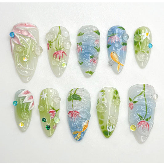 Stunning 3D Floral Fish Press-On Nails