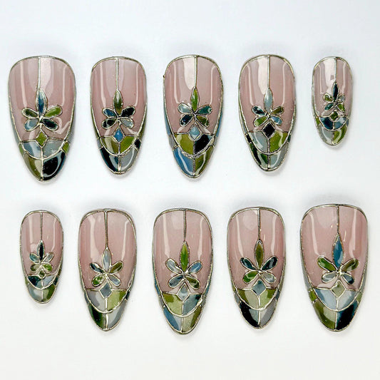 Stunning Floral Stained Glass Press-On Nails Set