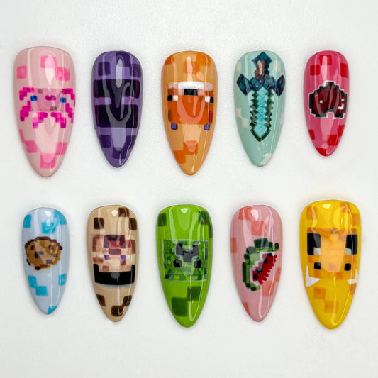 Stunning Minecraft-Inspired Nail Art Set - Unique Pixel Designs