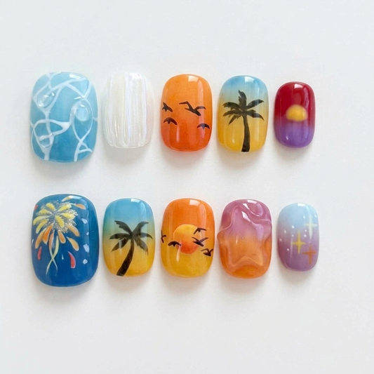 Summer Beach Sunset Tropical Silhouette Square Press On Nails Set