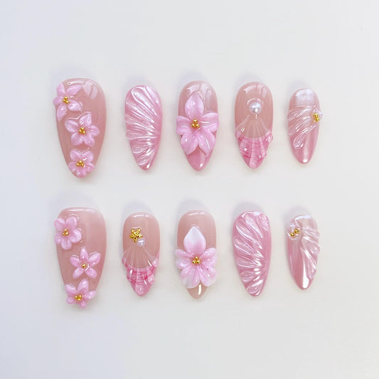 Summer Floral Bloom Pink Press On Nails - Blossom Pink 3D Floral Press Ons