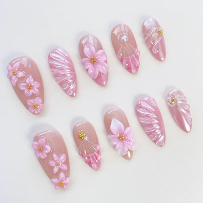 Summer Floral Bloom Pink Press On Nails - Blossom Pink 3D Floral Press Ons